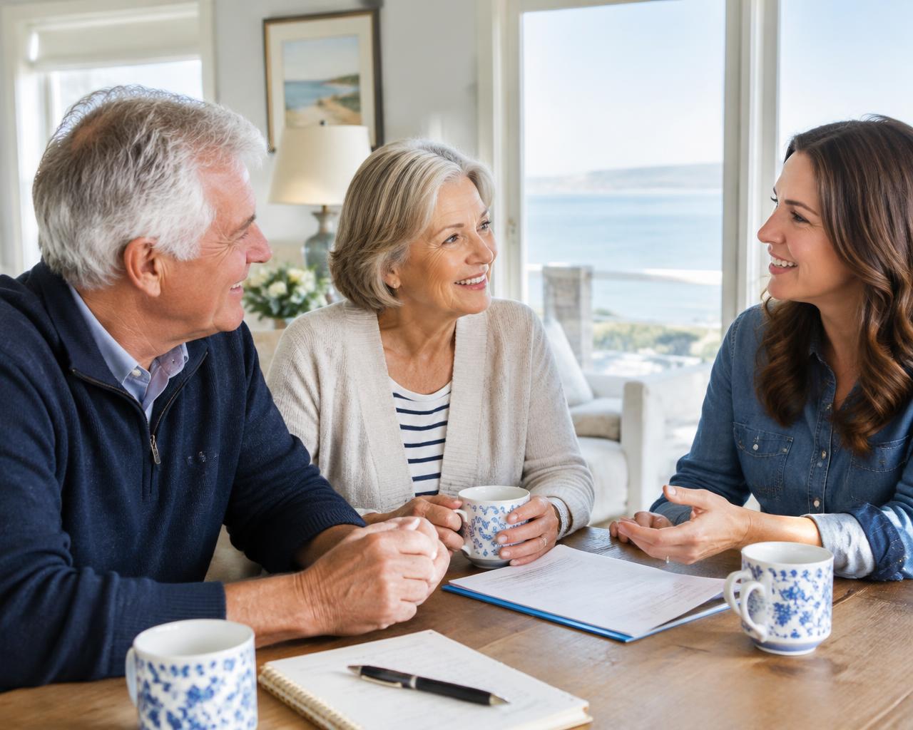 An older couple talking through ideas with their adult daughter at a sunlit kitchen table