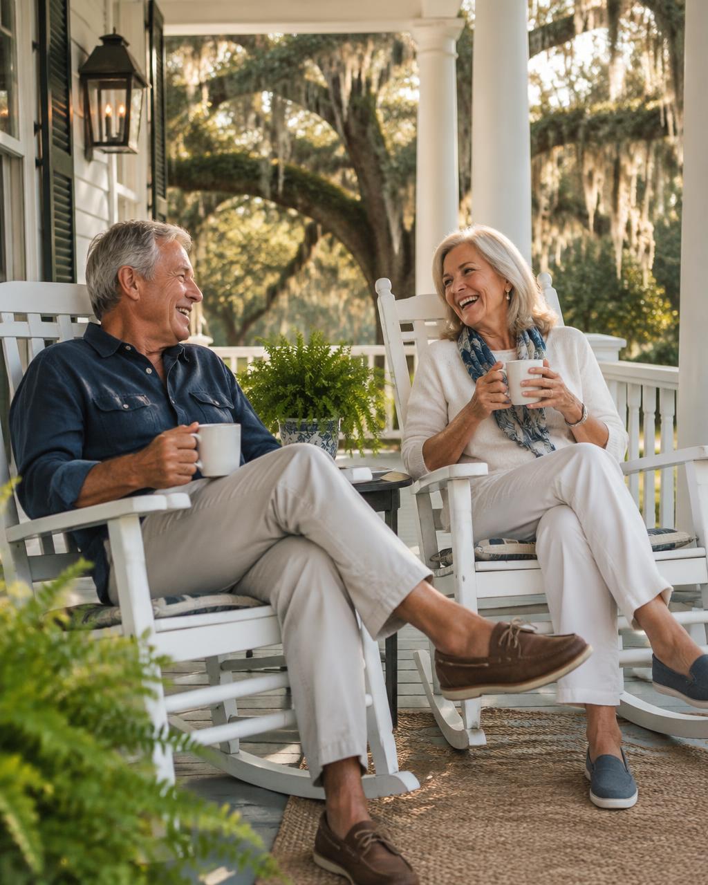 An older couple laughing over coffee in rocking chairs on a Southern porch