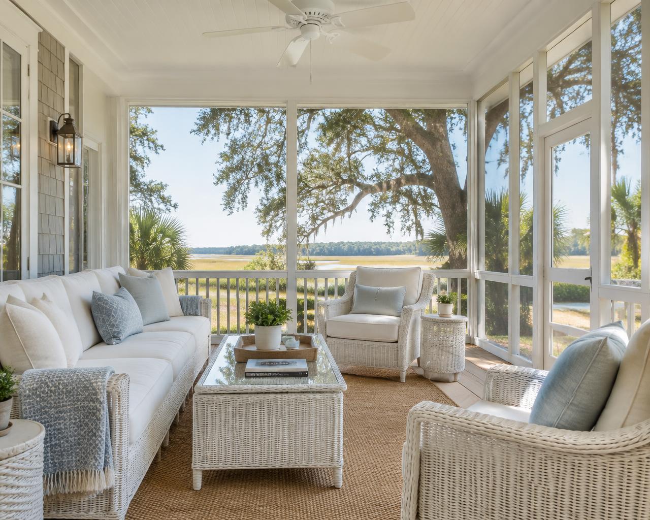 A bright screened porch with white wicker furniture overlooking a marsh